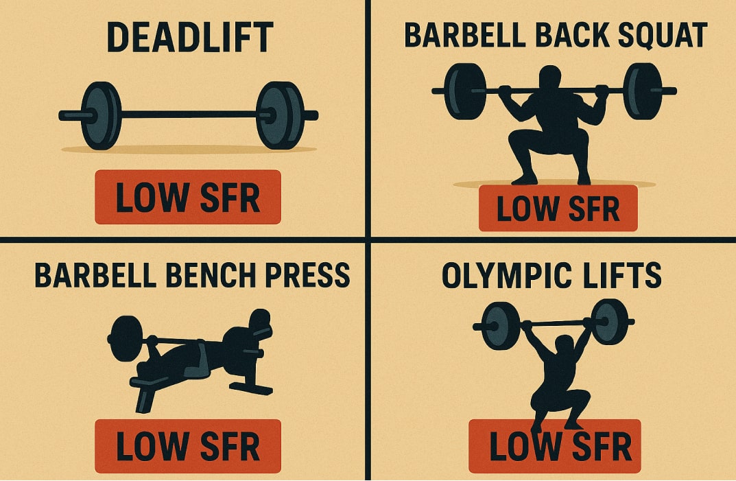 A 4-panel infographic with Deadlift, Barbell Back Squat, Barbell Bench Press, and Olympic Lifts highlighted in red or labeled “Low SFR