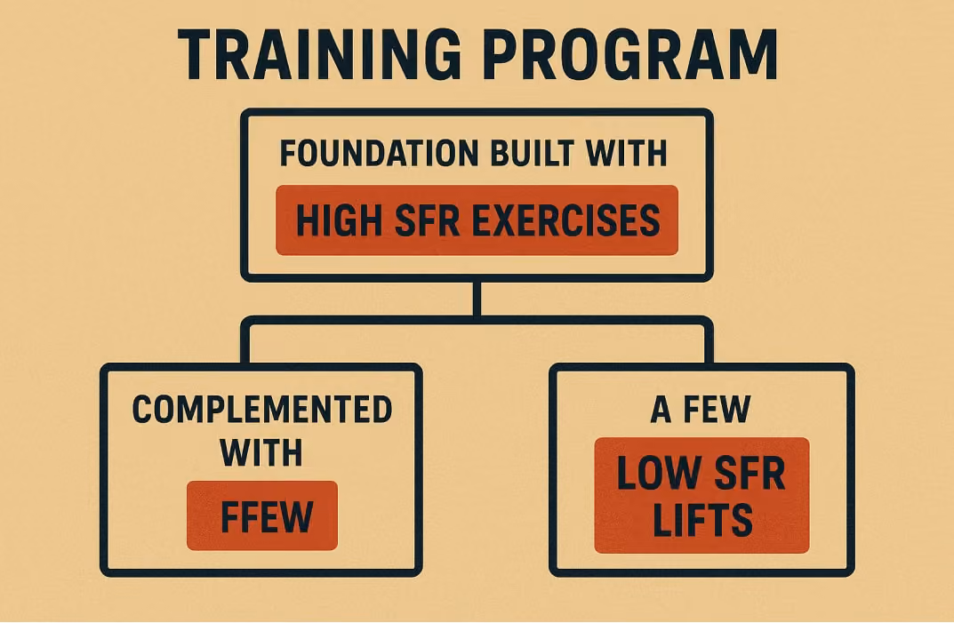 A training program flowchart: foundation built with high SFR exercises, complemented with a few low SFR lifts.
