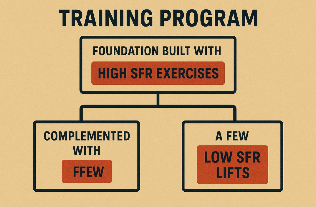 A training program flowchart: foundation built with high SFR exercises, complemented with a few low SFR lifts.