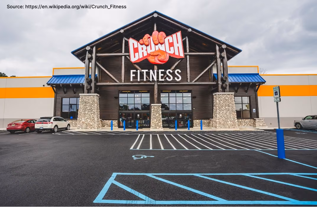 A lively Crunch Fitness gym interior filled with members participating in various group workouts, including dance cardio, boxing, and HIIT classes. In one area, people use cardio machines and modern weight equipment, while another section features strength training zones with free weights. The atmosphere is energetic and welcoming, attracting young fitness enthusiasts and busy urban members