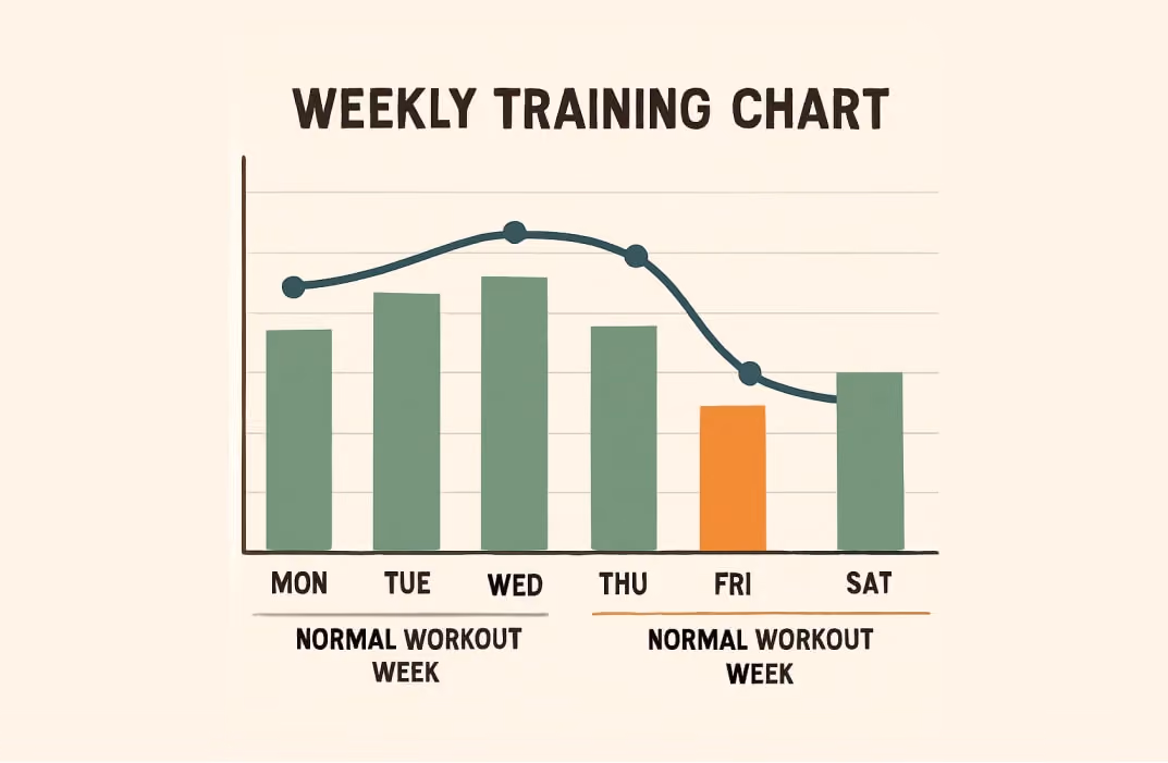 Illustration of a weekly training chart showing a dip in training load or intensity, representing a deload week compared to normal workout weeks.