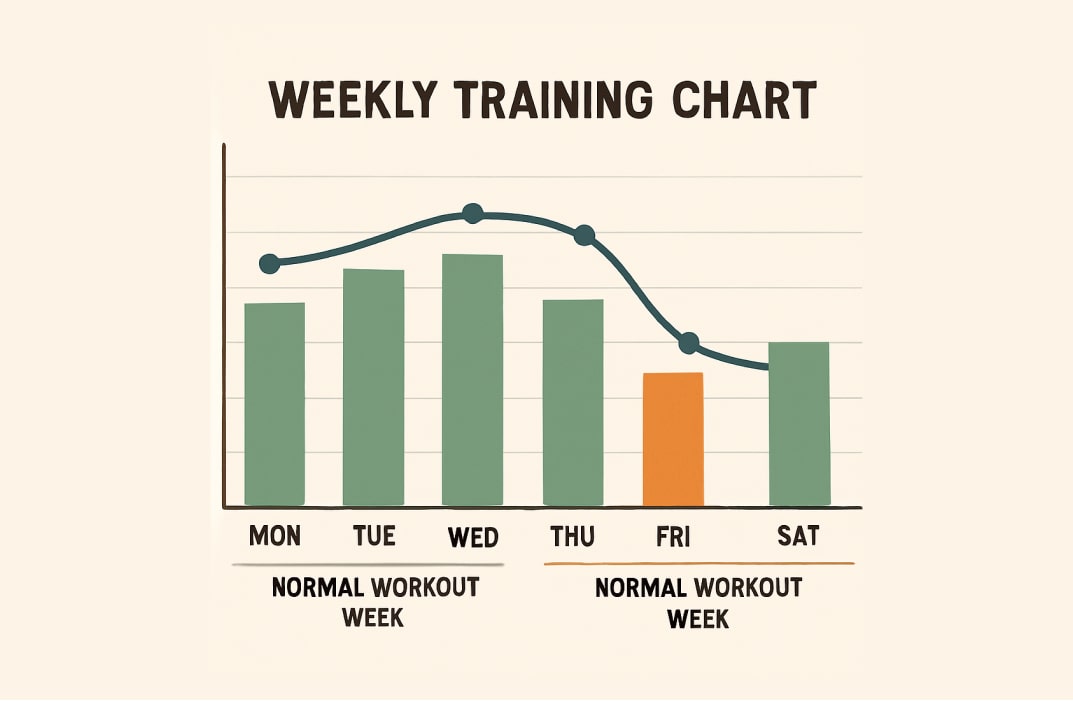  Illustration of a weekly training chart showing a dip in training load or intensity, representing a deload week compared to normal workout weeks.