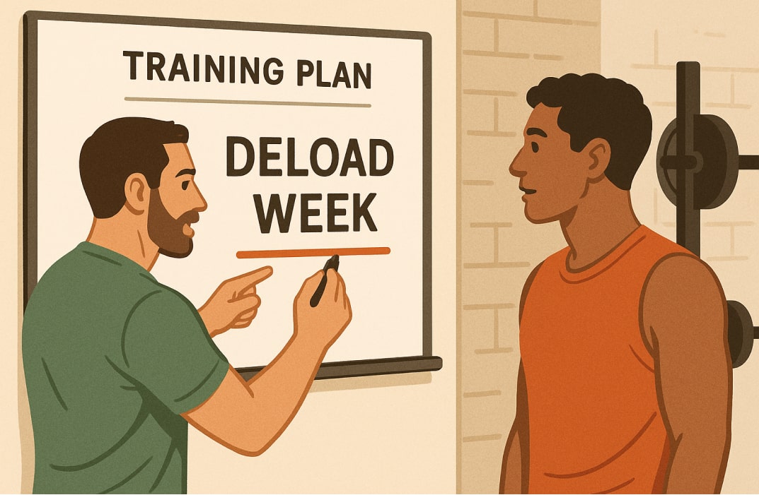 A strength coach adjusting a client’s training plan, marking “Deload Week” on a whiteboard showcasing structured programming.