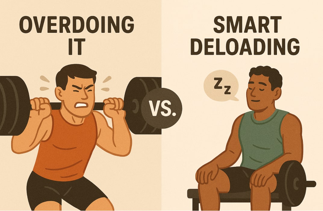 Comparison graphic showing “Overdoing it” vs. “Smart deloading,” emphasizing the difference between pushing too hard and effective recovery.