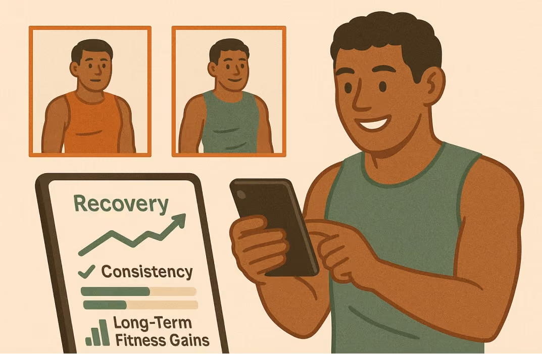 thlete smiling confidently while reviewing progress photos or tracking app data showing recovery, consistency, and long-term fitness gains.