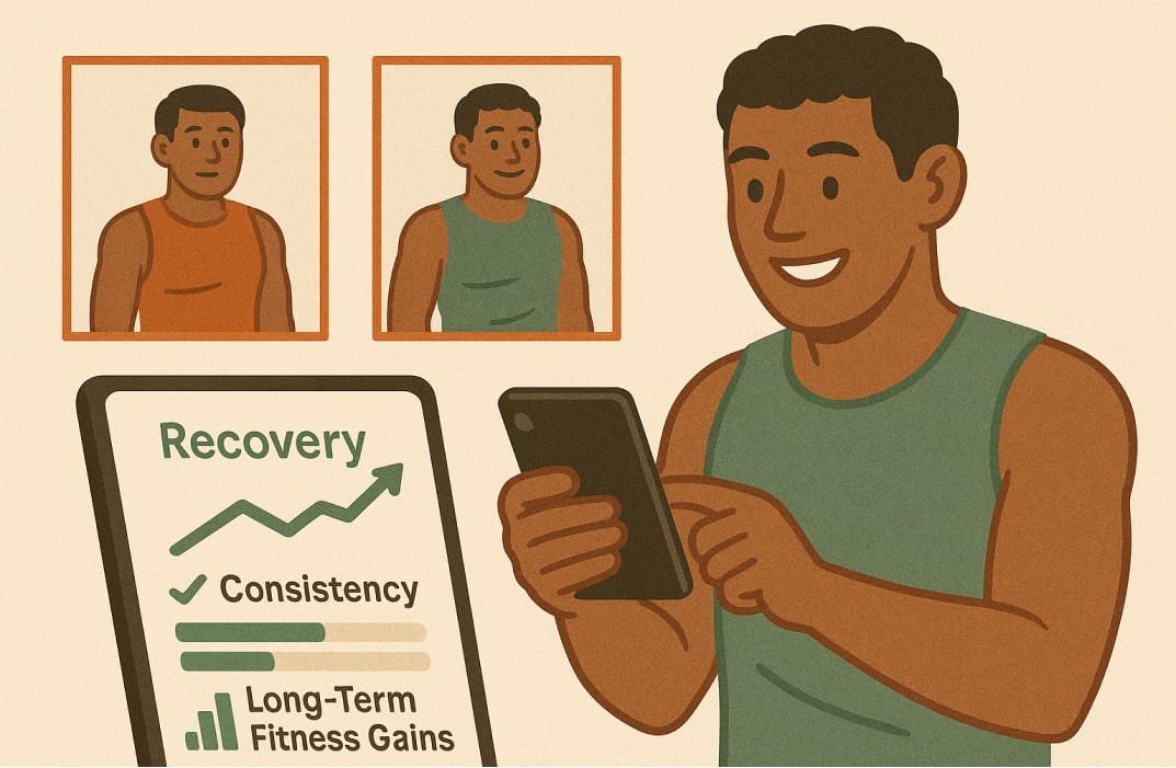 thlete smiling confidently while reviewing progress photos or tracking app data showing recovery, consistency, and long-term fitness gains.