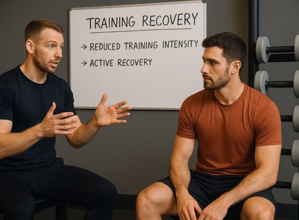 fitness coach explaining training recovery to an athlete in the gym, with light weights on the rack — symbolizing reduced training intensity and active recovery.