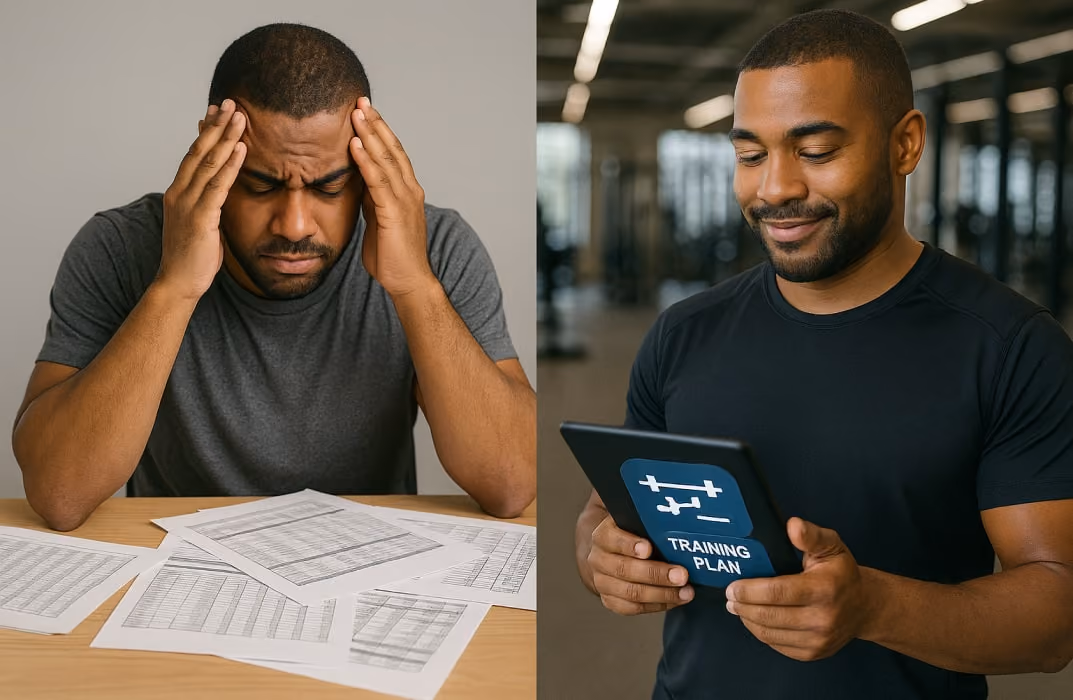 A split image: left side showing a trainer overwhelmed with paperwork and spreadsheets, right side showing a calm trainer using a personal training app on a tablet.