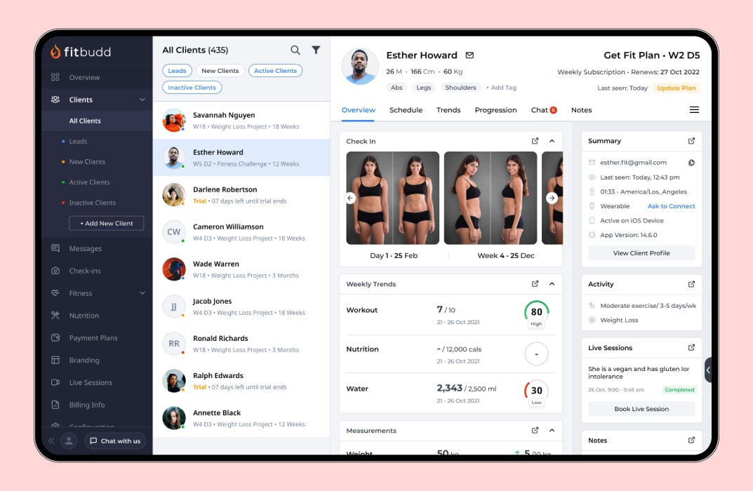 A dashboard view of a personal trainer app displaying customized workout plans, meal plans, and client progress graphs. Include a small inset of a client following a video workout.