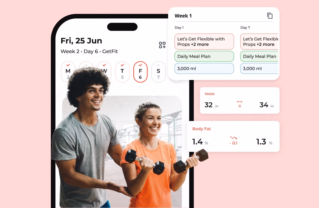 A tablet or phone showing FitBudd features, with labels like video instruction, on-demand workouts, progress tracking, in-app messaging