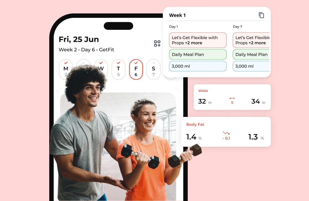 A tablet or phone showing FitBudd features, with labels like video instruction, on-demand workouts, progress tracking, in-app messaging