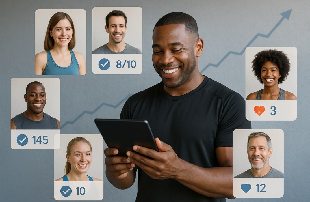 happy personal trainer checking a tablet, with multiple client thumbnails around them showing progress stats, workout completion, and engagement icons. Include a subtle growth chart in the background to show client growth