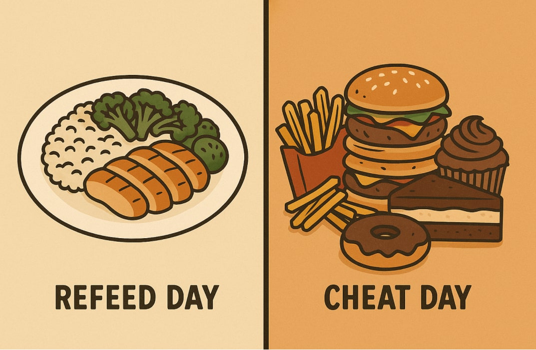 A split-screen graphic: on the left, a clean plate of rice, chicken, and vegetables labeled “Refeed Day”; on the right, a pile of burgers, fries, and desserts labeled “Cheat Day.” The visual highlights structure vs chaos in dieting.