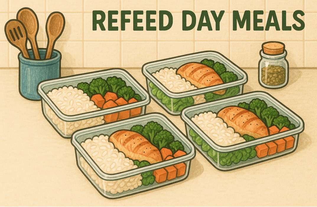 A clean, well-organized meal prep layout on a kitchen counter: containers filled with rice, chicken, sweet potatoes, and vegetables, labeled “Refeed Day Meals” to emphasize structure and planning.