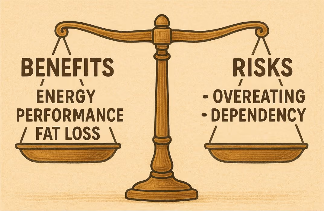 A balanced scale illustration: on one side, benefits like energy, performance, and fat loss; on the other side, risks like overeating and dependency, showing the importance of balance in refeed planning.