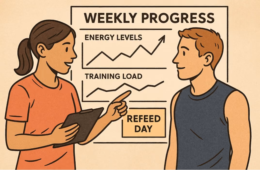 A coach reviewing a client’s weekly progress chart, highlighting energy levels, training load, and a scheduled “Refeed Day,” emphasizing that refeeds are strategically integrated into the overall plan.