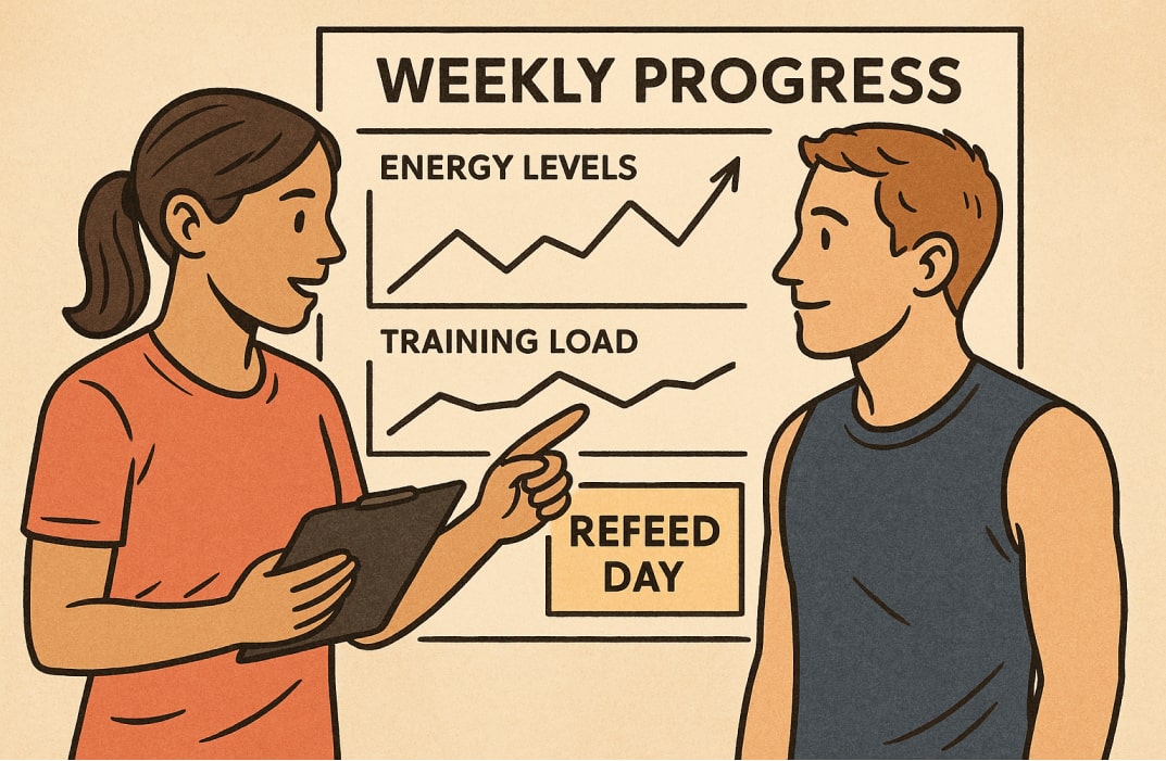  A coach reviewing a client’s weekly progress chart, highlighting energy levels, training load, and a scheduled “Refeed Day,” emphasizing that refeeds are strategically integrated into the overall plan.