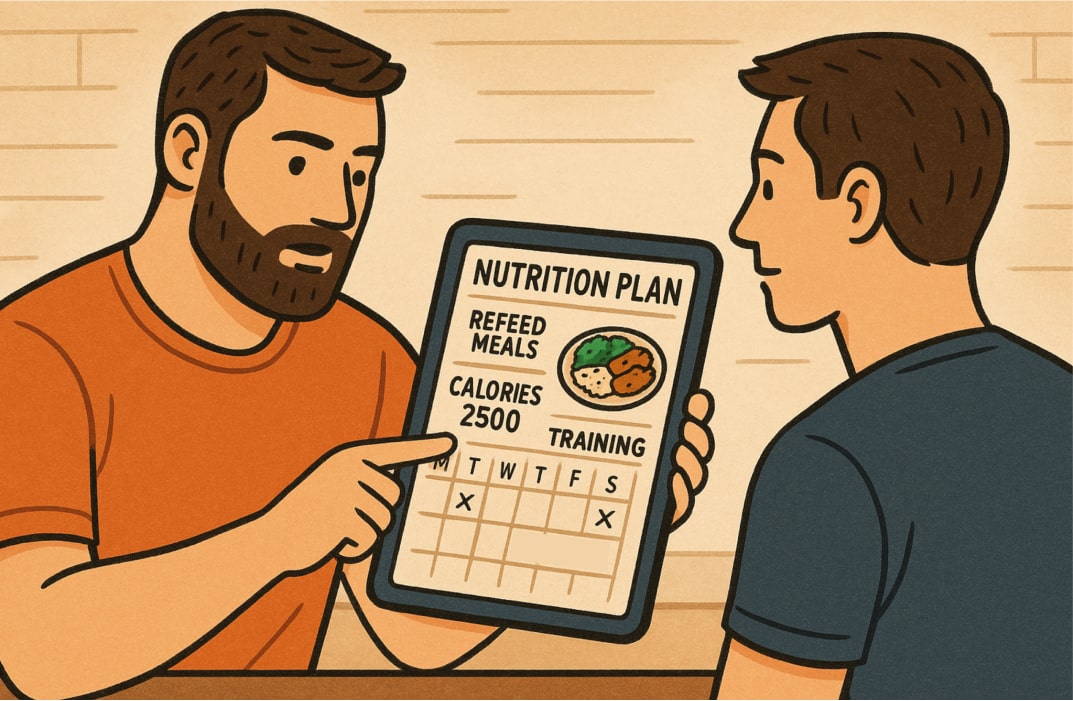A coach reviewing a client’s nutrition plan on a tablet, showing planned refeed meals, calorie targets, and training sessions, emphasizing structured and monitored refeed management.
