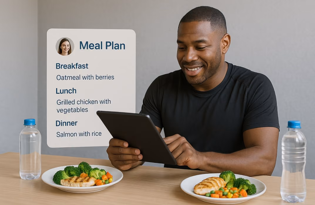 Personal trainer using a personal trainer app to create customized meal plans for a client.