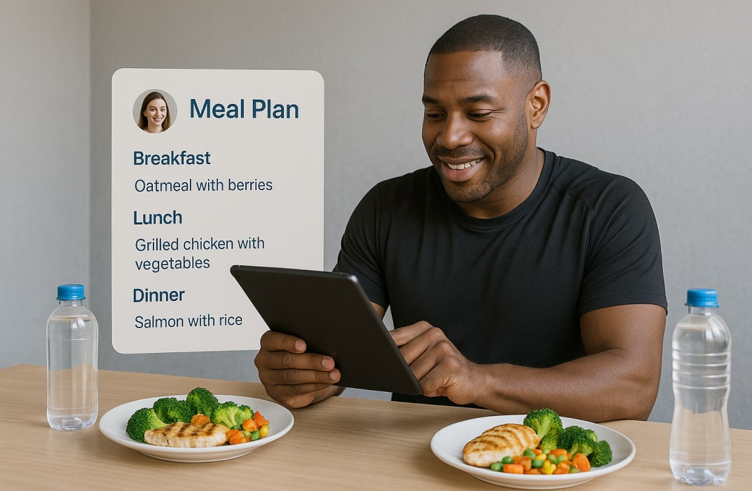 Personal trainer using a personal trainer app to create customized meal plans for a client.