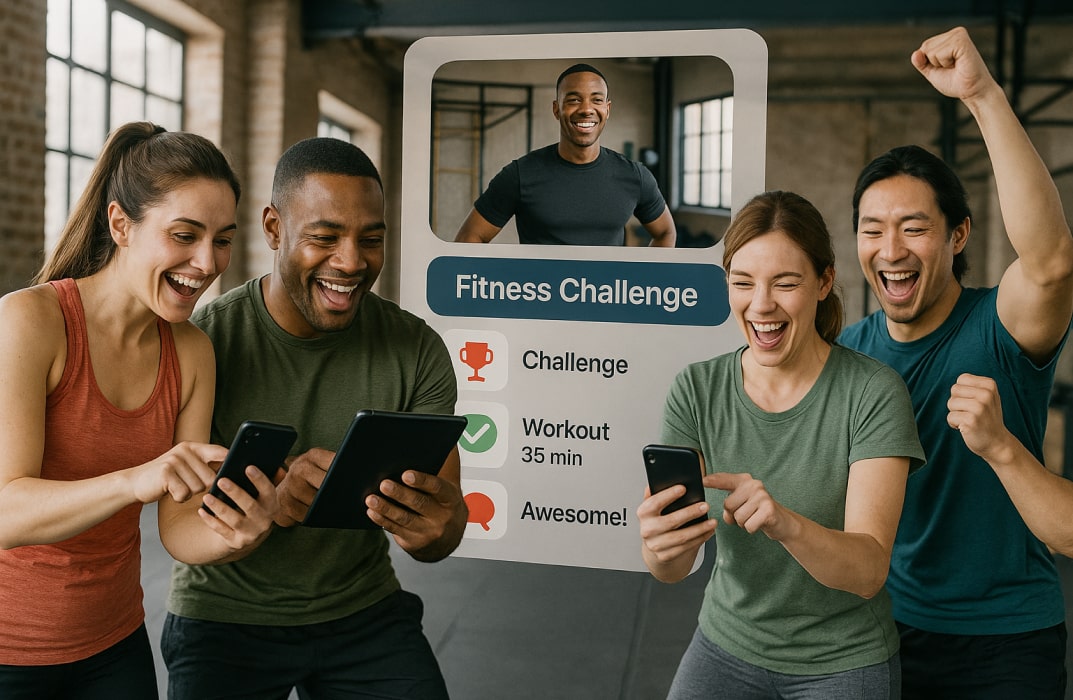 Clients joining a virtual fitness challenge using a personal training app to stay engaged and motivated.