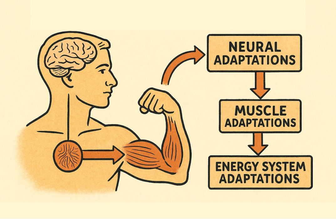 Graphic of motor units, muscle fibers, and energy systems with arrows showing adaptation.