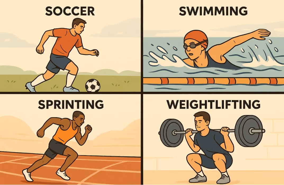 Split-screen showing different sports-specific drills (soccer, swimming, sprinting, weightlifting).