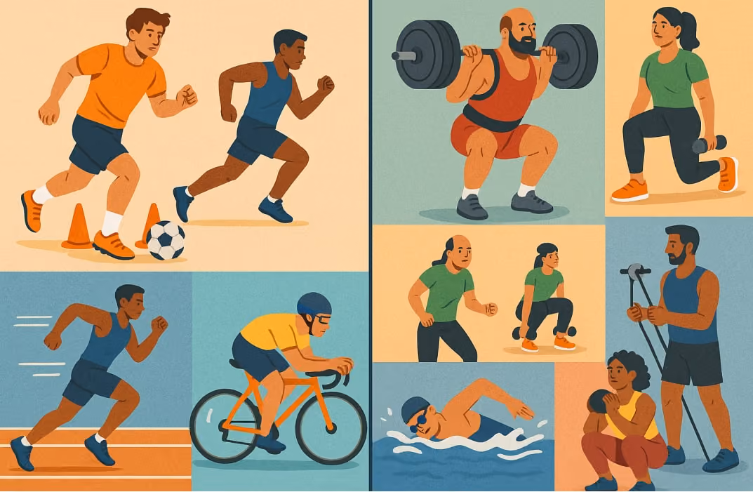 Collage of sport-specific drills and general fitness exercise