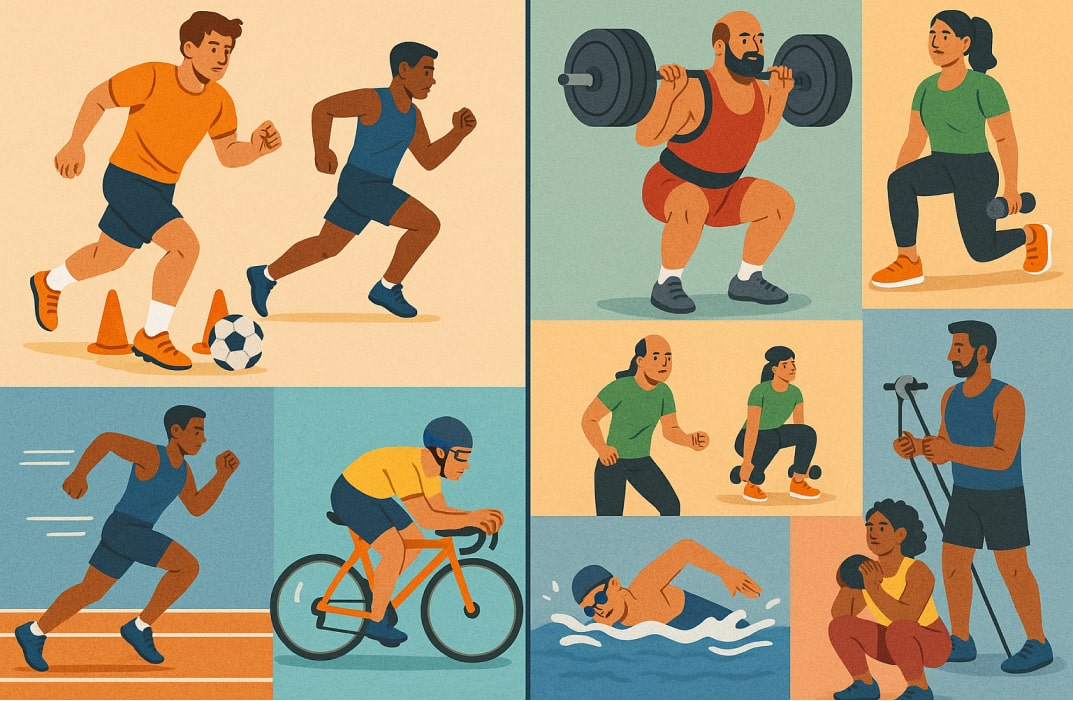Collage of sport-specific drills and general fitness exercise