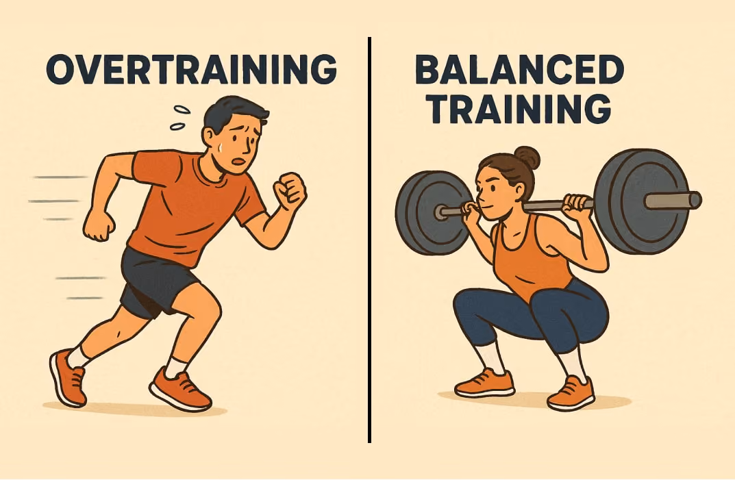 Split image of correct vs incorrect exercise forms or overtraining vs balanced training.