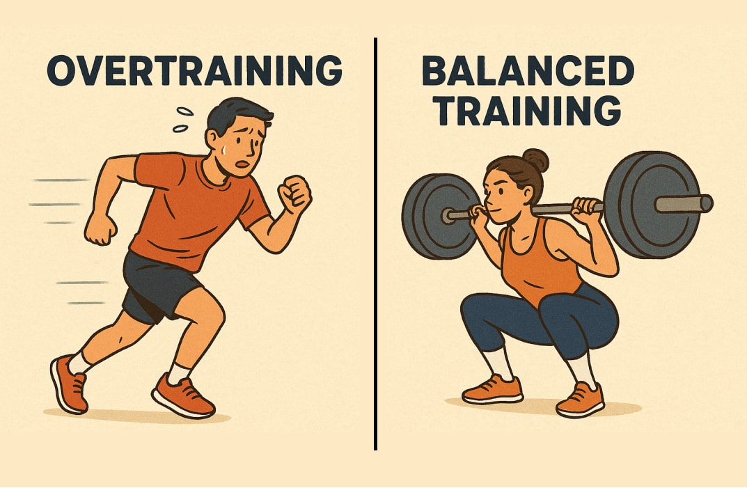 Split image of correct vs incorrect exercise forms or overtraining vs balanced training.