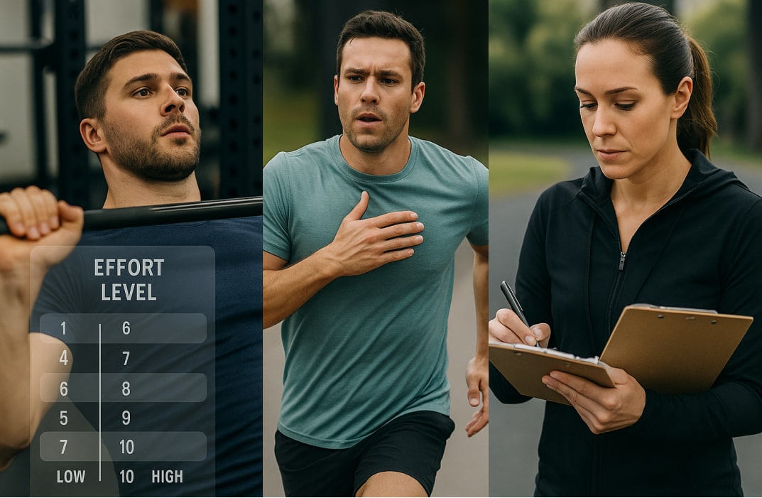 collage showing three scenes: a weightlifter monitoring effort, a runner checking breathing rate, and a coach reviewing a training log, representing the benefits of RPE for performance and recovery.