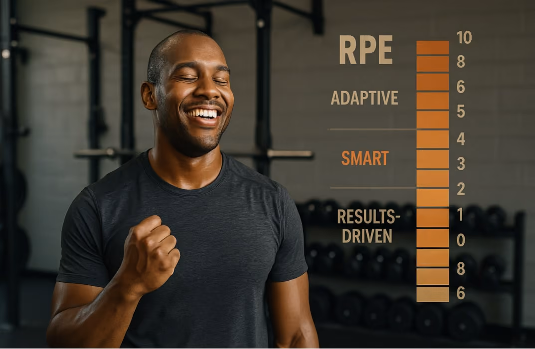 A person finishing a workout with a satisfied expression, overlay of a 1–10 RPE scale subtly in the background, representing adaptive, smart, and results-driven training.