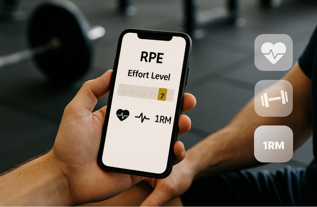 Image: A visual showing a gym-goer tracking RPE on a notebook or app, with icons representing heart rate, bar speed, and percentages of 1RM, illustrating integration of multiple training tools.