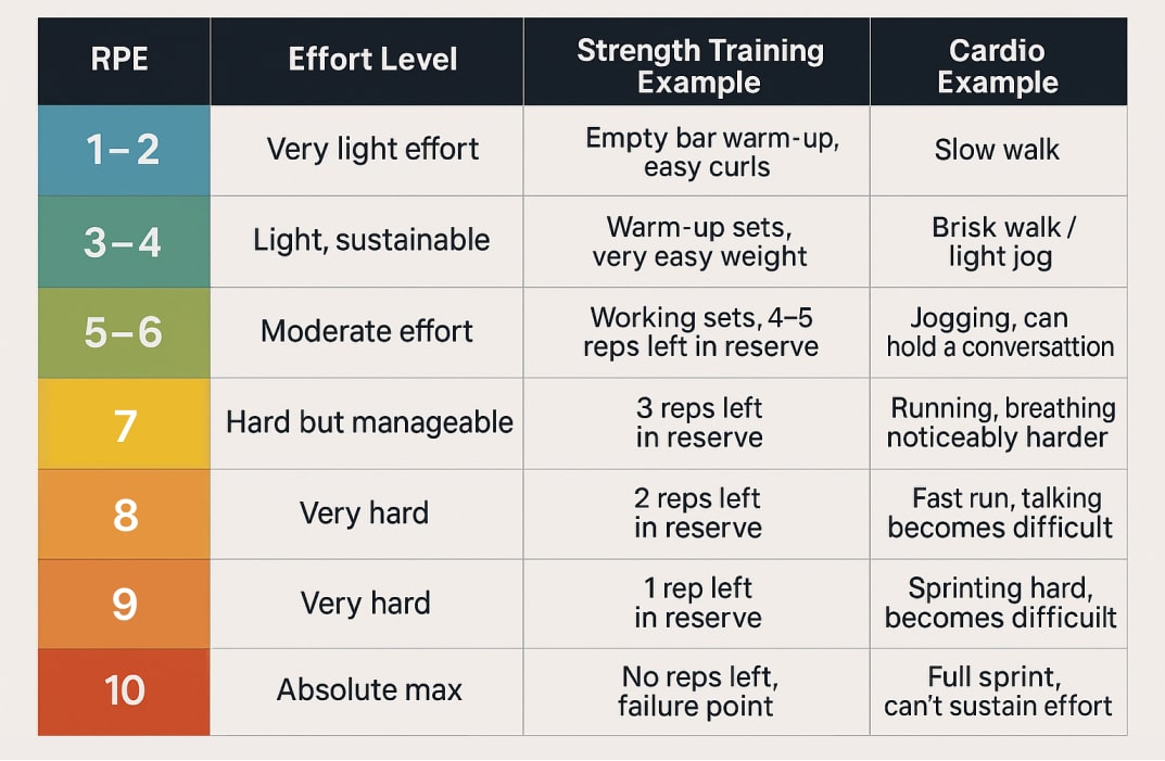  A 1–10 RPE scale chart with visual markers for low, moderate, and high effort levels, showing corresponding exercise intensity and reps in reserve.