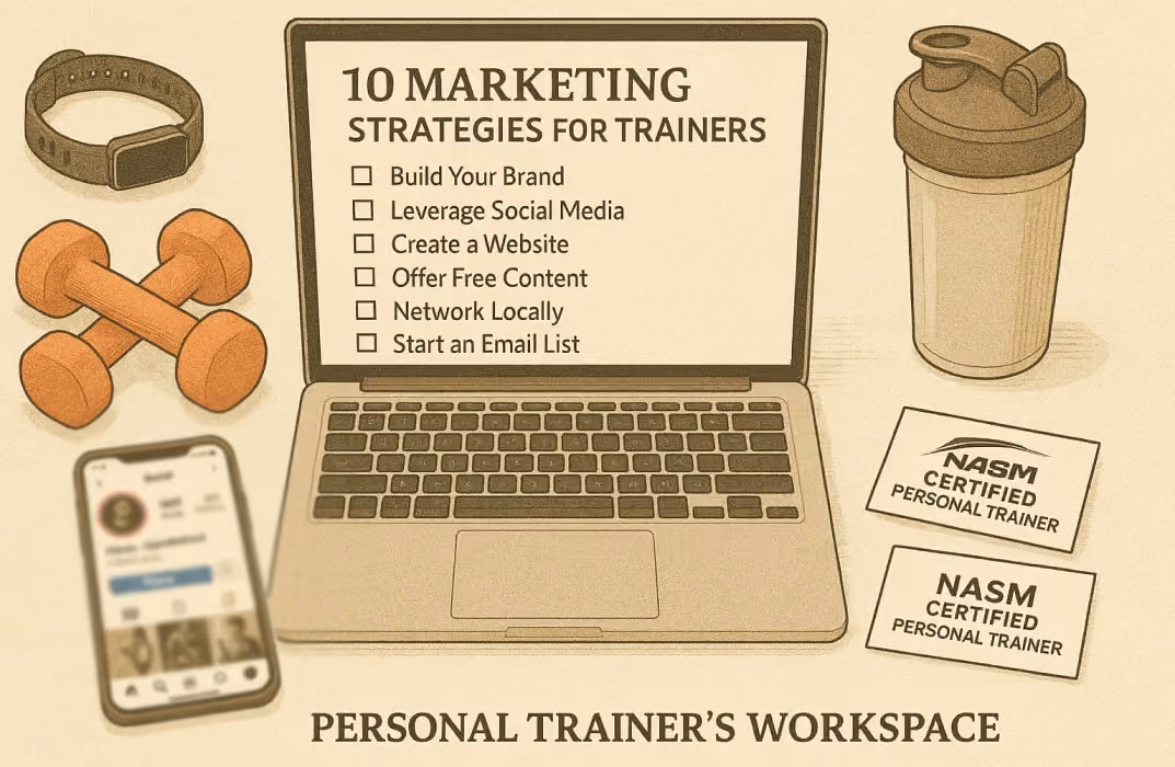 dynamic flat-lay scene showing a personal trainer’s workspace. The setup includes a laptop displaying a digital marketing strategy checklist titled “10 Marketing Strategies for Trainers,” a smartphone open to a social media fitness profile, and printed business cards labeled “NASM Certified Personal Trainer.”Around the workspace are small dumbbells, a fitness tracker, and a protein shake