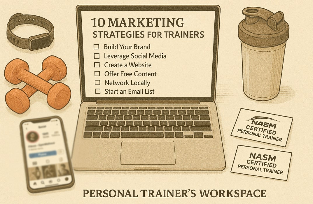  dynamic flat-lay scene showing a personal trainer’s workspace. The setup includes a laptop displaying a digital marketing strategy checklist titled “10 Marketing Strategies for Trainers,” a smartphone open to a social media fitness profile, and printed business cards labeled “NASM Certified Personal Trainer.”Around the workspace are small dumbbells, a fitness tracker, and a protein shake