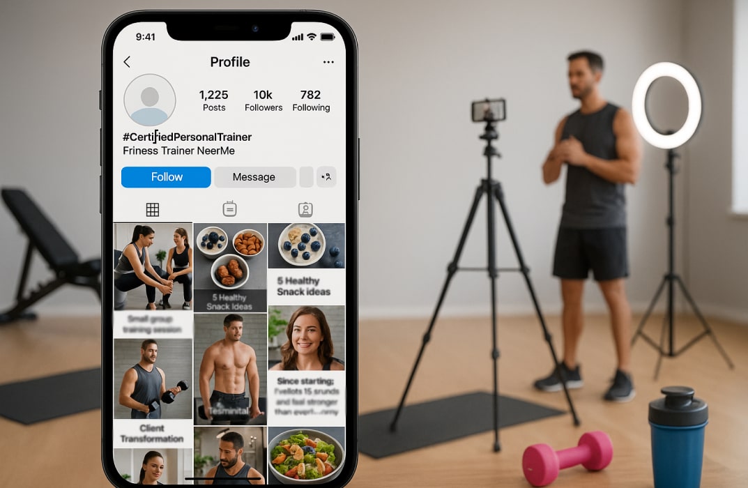 A clean, modern smartphone screen displaying a personal trainer’s Instagram profile. The feed shows a mix of workout clips, client transformation photos, and nutrition tips. One post features a short video of a small group training session, while another highlights a testimonial from a client on their fitness journey. 