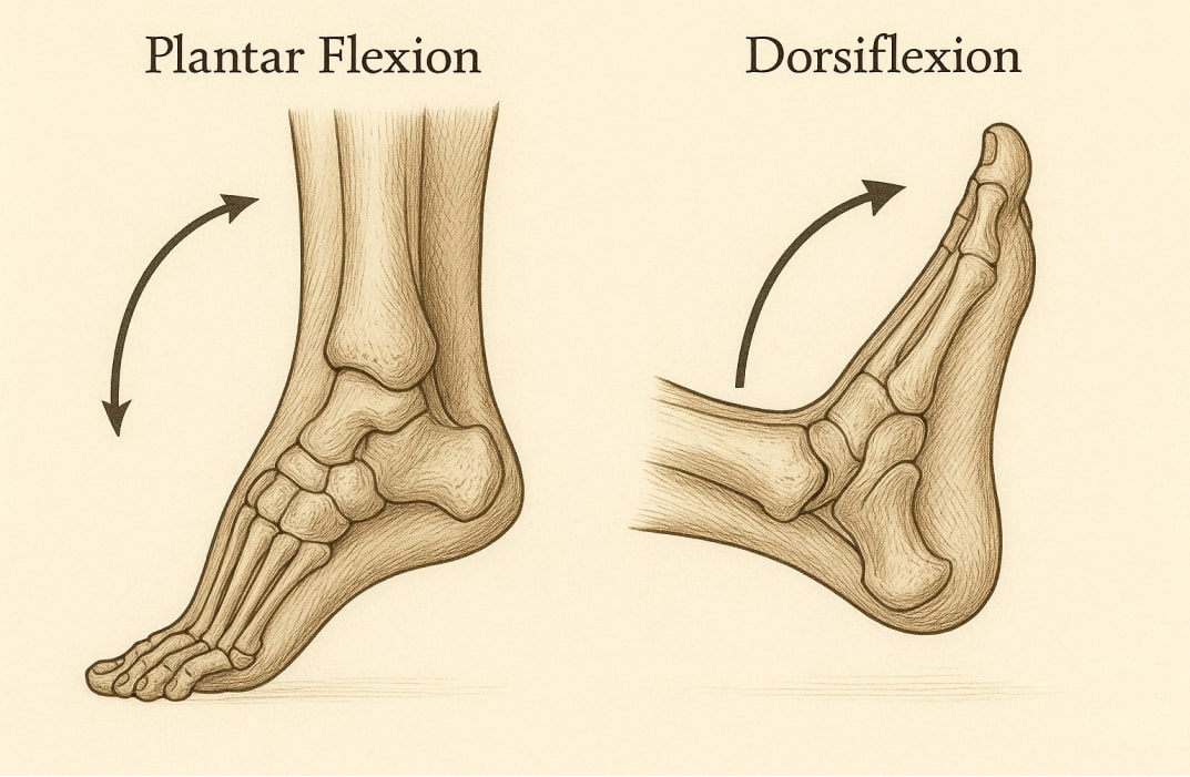 ide-by-side comparison of plantar flexion vs dorsiflexion one foot pointing downward and the other upward. Include arrows showing the range of motion at the ankle joint.