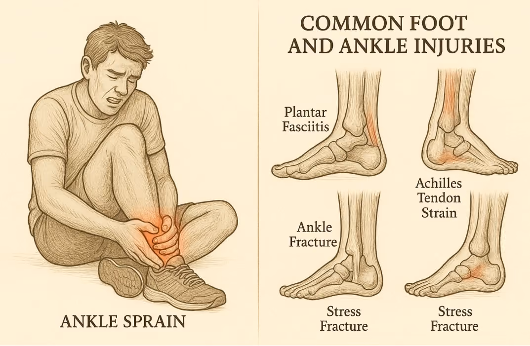 A split visual showing (left) an athlete clutching their ankle in pain (ankle sprain) and (right) an infographic of common foot and ankle injuries like plantar fasciitis and Achilles tendon strain.