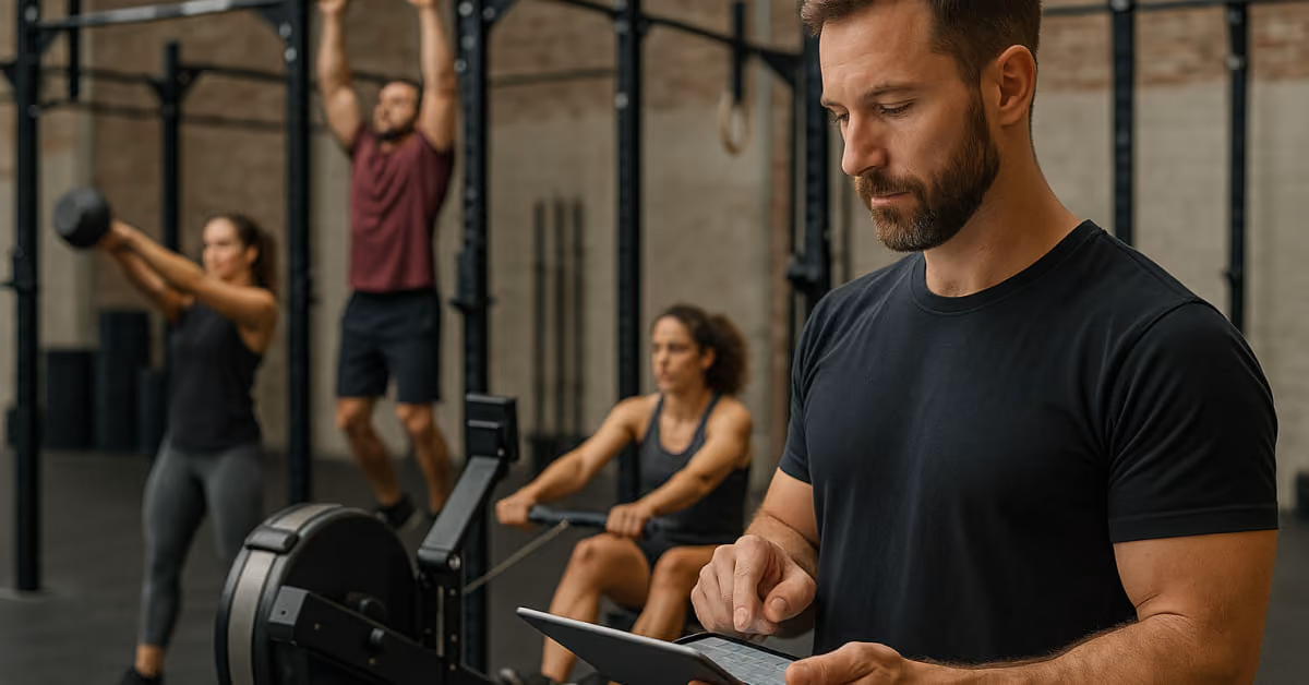  A CrossFit box owner using a tablet to check workout data while athletes train in the background (kettlebell swings, pull-ups, or rowing).