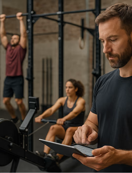 A CrossFit box owner using a tablet to check workout data while athletes train in the background (kettlebell swings, pull-ups, or rowing).