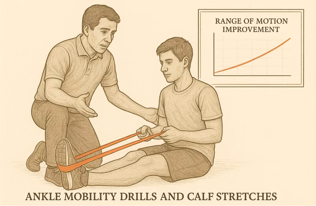 A physiotherapist guiding a patient through ankle mobility drills and calf stretches with resistance bands; a small inset showing the range of motion improvement graph.