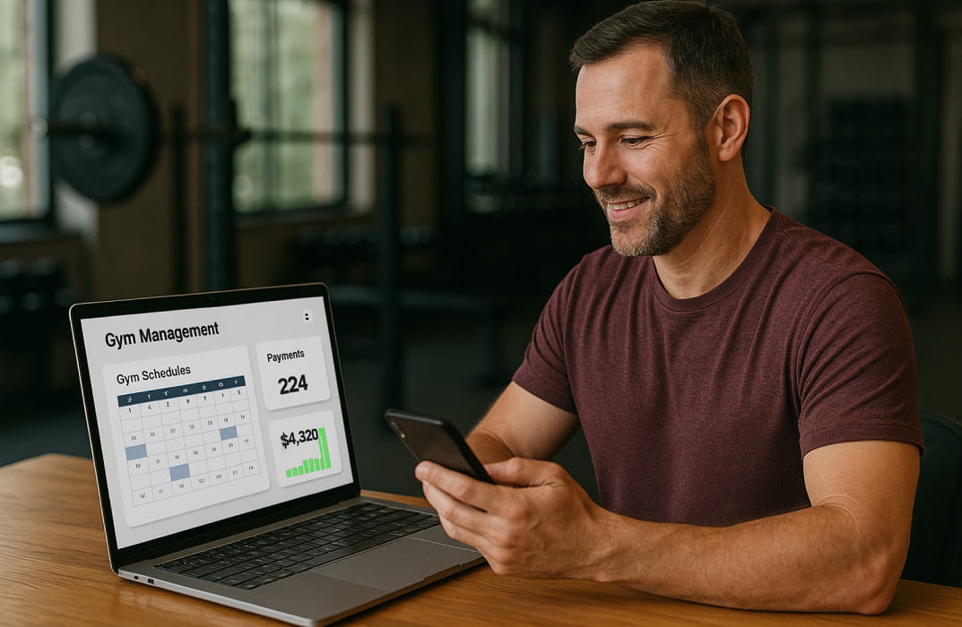 Gym owner managing class schedules and member check-ins using gym management software to simplify operations and save time