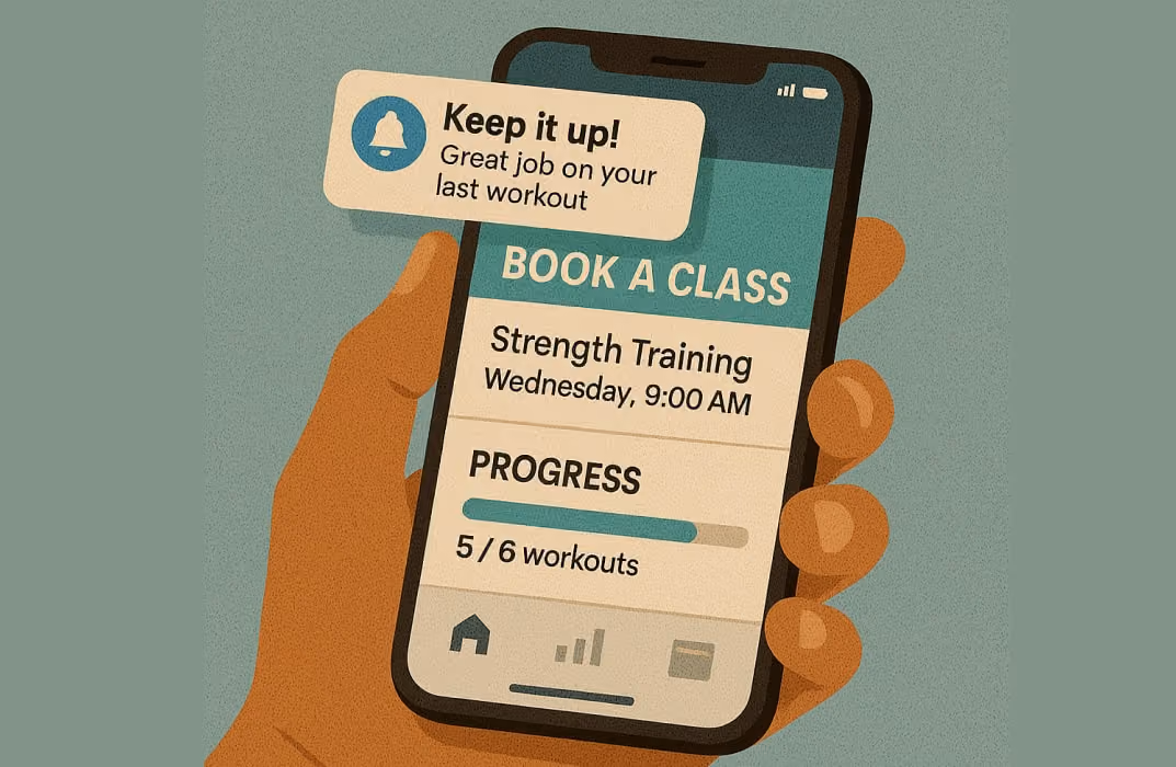 Mobile fitness app interface showing class bookings, workout tracking, and push notifications for fitness studio members