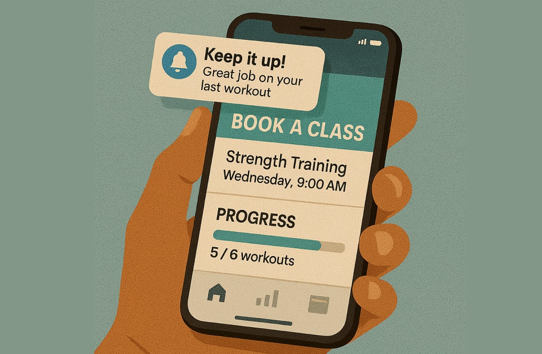 Mobile fitness app interface showing class bookings, workout tracking, and push notifications for fitness studio members