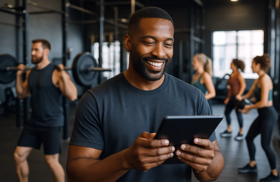 Gym owner reviewing fitness app analytics on tablet in gym, showing how fitness apps help grow fitness businesses