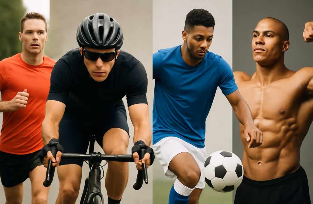 Collage showing a runner, cyclist, soccer player, and bodybuilder.
