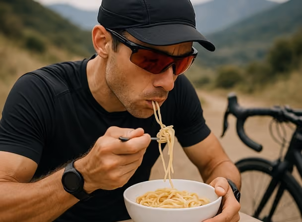 A focused shot of an endurance athlete (marathon runner or cyclist) eating a bowl of pasta or rice before a race.