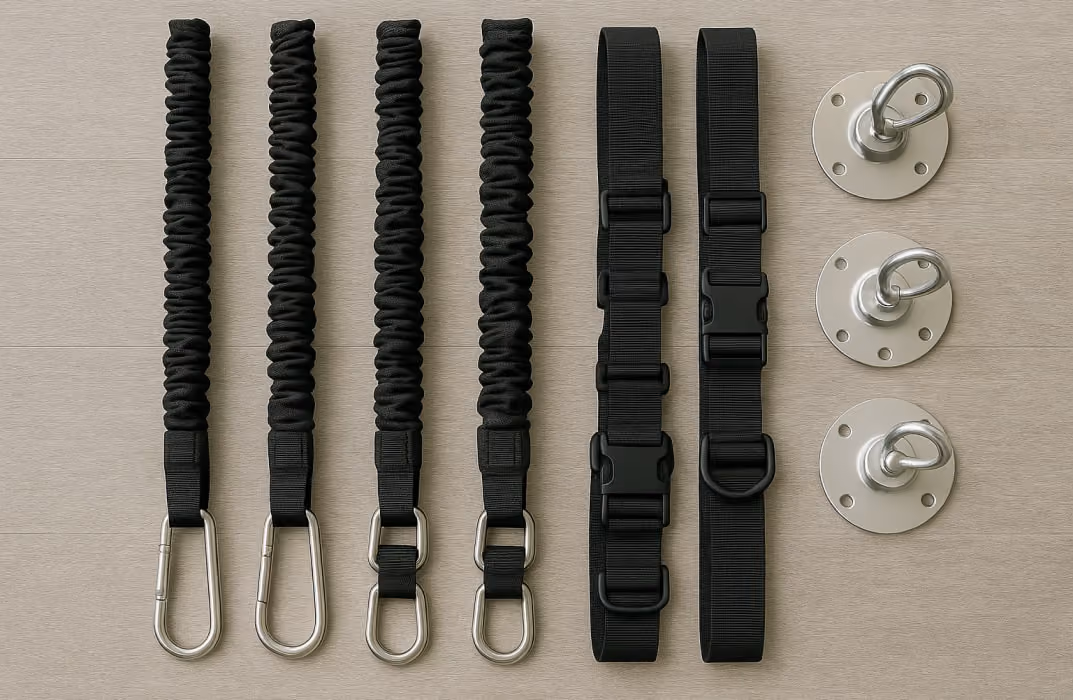 Display of bungee exercise equipment — cords, harnesses, ceiling mounts neatly arranged.